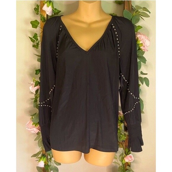 Ramy Brook Black V-Neck Long Sleeve Top Ruffle Lightweight Embellished Blouse - Picture 2 of 7